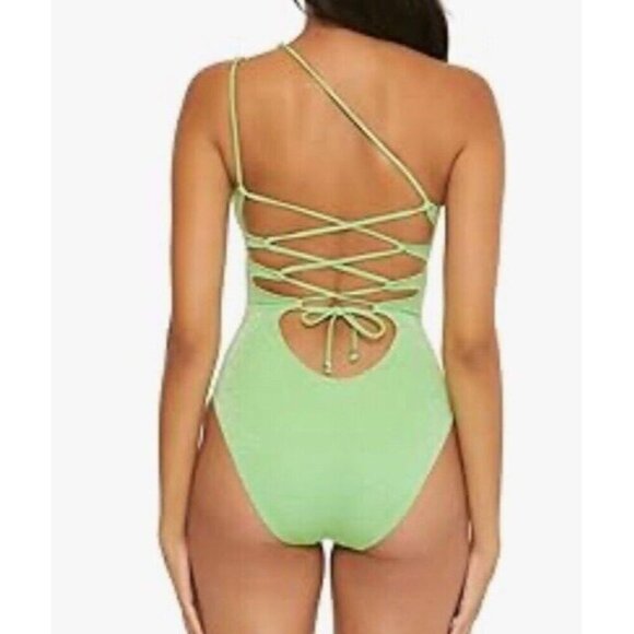 Becca Sz M Swimsuit One Shoulder One-Piece Green Glimmer Beach Retro Boho - Picture 2 of 6